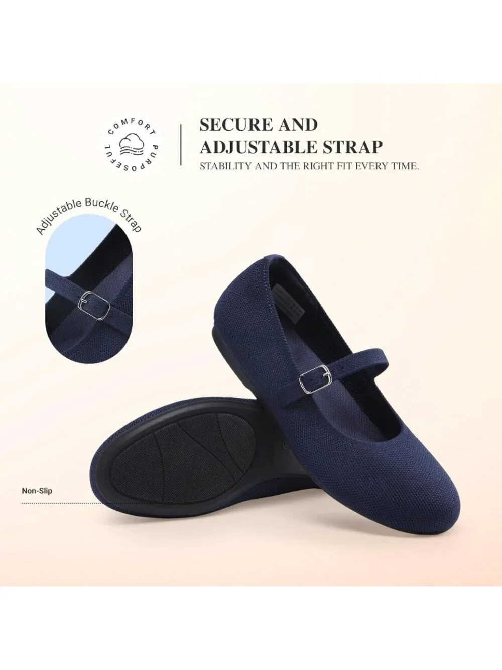 Women's Navy Knit Mary Jane Ballet Flat Comfortable For Casual Office Shoes